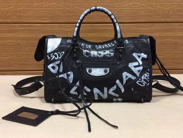 Balenciaga Small Graffiti Classic City Handbag in Black Graffiti Printed Leather Replica