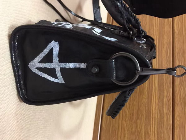Balenciaga Small Graffiti Classic City Handbag in Black Graffiti Printed Leather Replica
