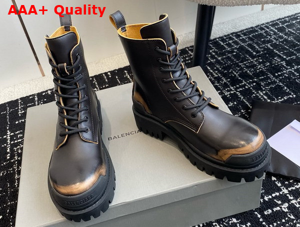 Balenciaga Strike Lace Up Boot in Dark Brown Calfskin with Worn Out Effect Replica