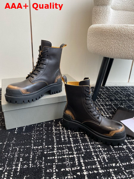 Balenciaga Strike Lace Up Boot in Dark Brown Calfskin with Worn Out Effect Replica