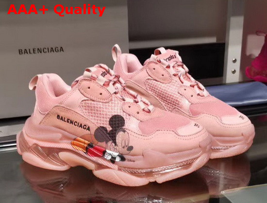 Balenciaga Triple S Clear Sole Sneaker in Light Pink Double Foam and Mesh with Printed Mickey Mouse Replica