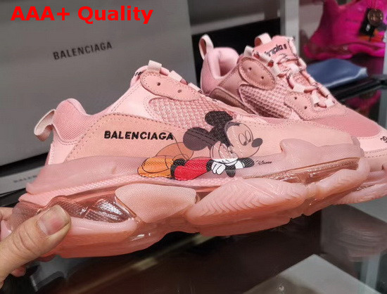 Balenciaga Triple S Clear Sole Sneaker in Light Pink Double Foam and Mesh with Printed Mickey Mouse Replica