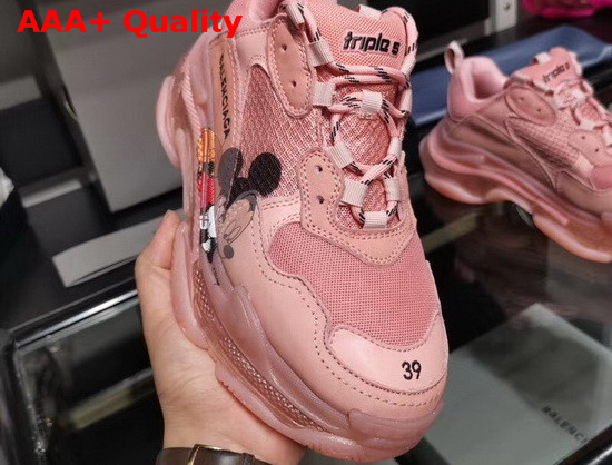 Balenciaga Triple S Clear Sole Sneaker in Light Pink Double Foam and Mesh with Printed Mickey Mouse Replica