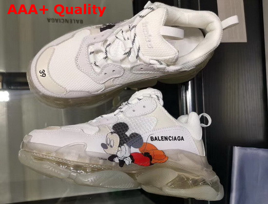 Balenciaga Triple S Clear Sole Sneaker in White and Grey Calfskin Lambskin and Mesh with Printed Mickey Mouse Replica