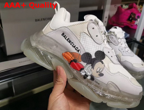 Balenciaga Triple S Clear Sole Sneaker in White and Grey Calfskin Lambskin and Mesh with Printed Mickey Mouse Replica