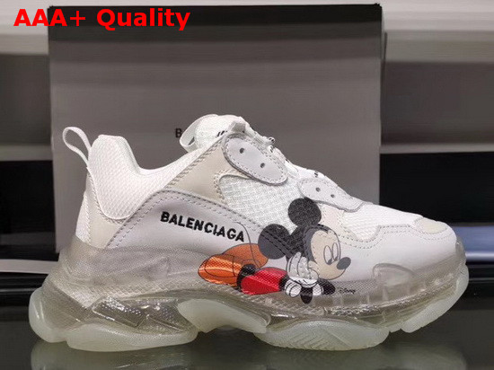 Balenciaga Triple S Clear Sole Sneaker in White and Grey Calfskin Lambskin and Mesh with Printed Mickey Mouse Replica