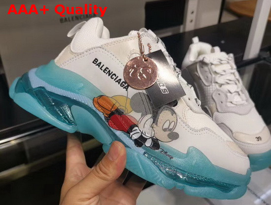 Balenciaga Triple S Clear Sole Sneaker in White and Light Grey Calfskin Lambskin and Mesh Light Blue Sole Printed Mickey Mouse Replica