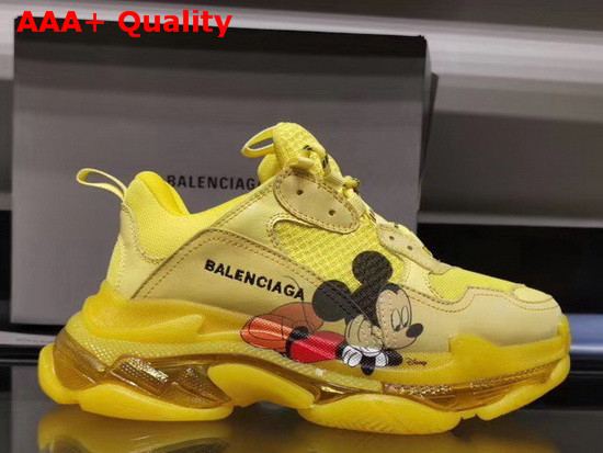 Balenciaga Triple S Clear Sole Sneaker in Yellow Calfskin Lambskin and Mesh with Printed Mickey Mouse Replica