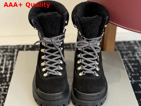 Balenciaga Womens Combat Strike Winter Boot in Black Suede Calfskin Lambskin Black Shearling Replica