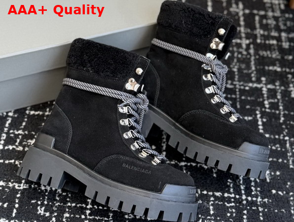 Balenciaga Womens Combat Strike Winter Boot in Black Suede Calfskin Lambskin Black Shearling Replica