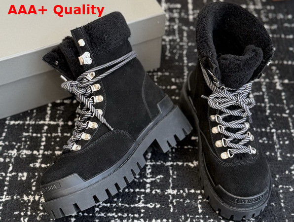Balenciaga Womens Combat Strike Winter Boot in Black Suede Calfskin Lambskin Black Shearling Replica