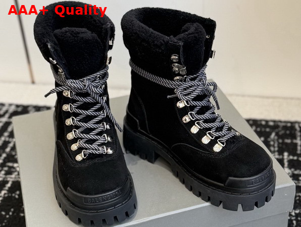 Balenciaga Womens Combat Strike Winter Boot in Black Suede Calfskin Lambskin Black Shearling Replica