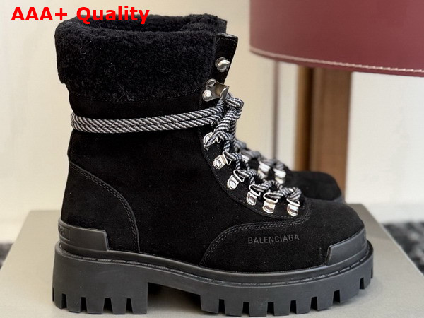 Balenciaga Womens Combat Strike Winter Boot in Black Suede Calfskin Lambskin Black Shearling Replica