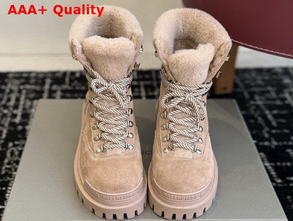 Balenciaga Womens Combat Strike Winter Boot in Sand Suede Calfskin Lambskin Off White Shearling Replica