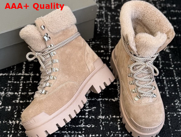 Balenciaga Womens Combat Strike Winter Boot in Sand Suede Calfskin Lambskin Off White Shearling Replica