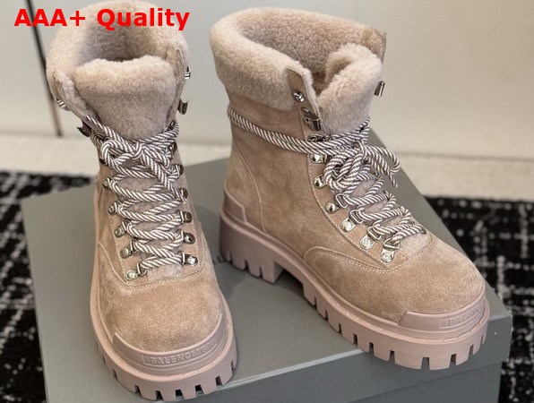 Balenciaga Womens Combat Strike Winter Boot in Sand Suede Calfskin Lambskin Off White Shearling Replica
