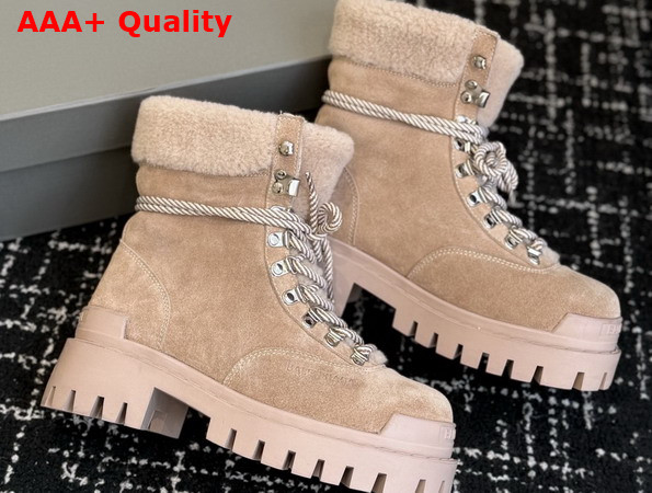 Balenciaga Womens Combat Strike Winter Boot in Sand Suede Calfskin Lambskin Off White Shearling Replica