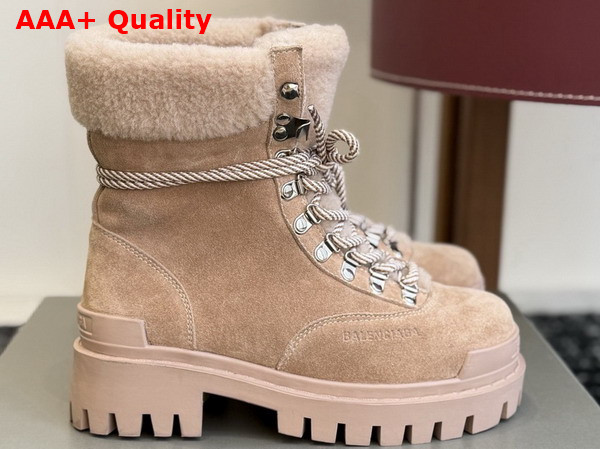 Balenciaga Womens Combat Strike Winter Boot in Sand Suede Calfskin Lambskin Off White Shearling Replica