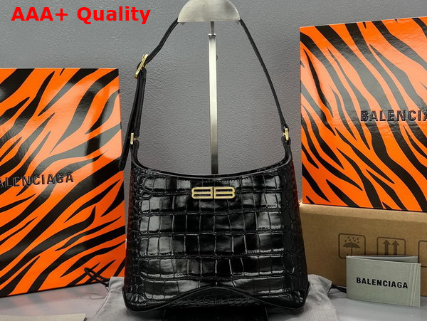 Balenciaga XX Small Hobo Bag in Black Super Supple Crocodile Embossed Calfskin Aged Gold Hardware Replica