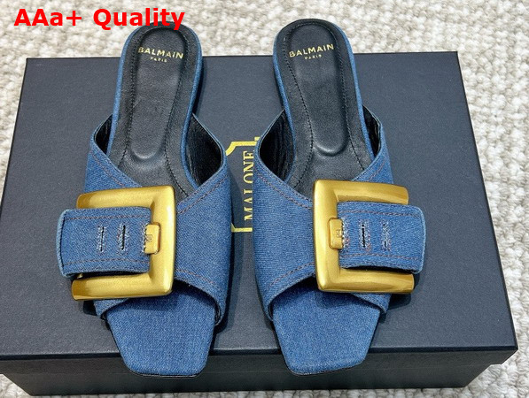 Balmain Anthem Flat Denim Sandals in Blue Replica
