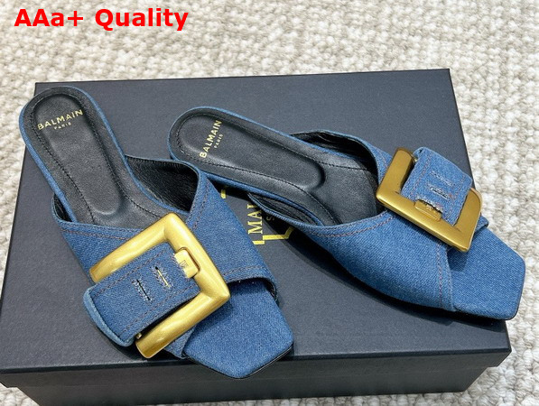 Balmain Anthem Flat Denim Sandals in Blue Replica