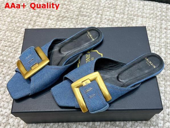 Balmain Anthem Flat Denim Sandals in Blue Replica