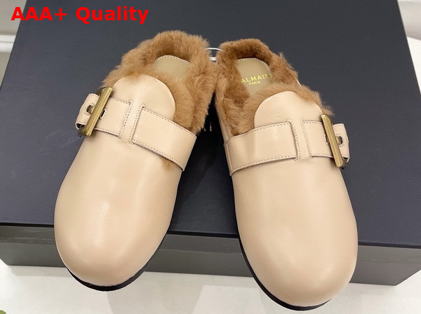 Balmain Anthem Leather and Faux Fur Mules in Beige Replica