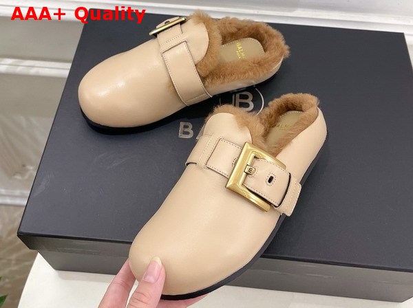 Balmain Anthem Leather and Faux Fur Mules in Beige Replica