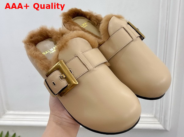 Balmain Anthem Leather and Faux Fur Mules in Beige Replica