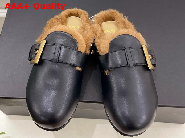 Balmain Anthem Leather and Faux Fur Mules in Black Replica