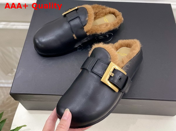 Balmain Anthem Leather and Faux Fur Mules in Black Replica