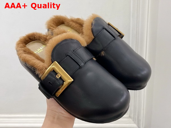 Balmain Anthem Leather and Faux Fur Mules in Black Replica