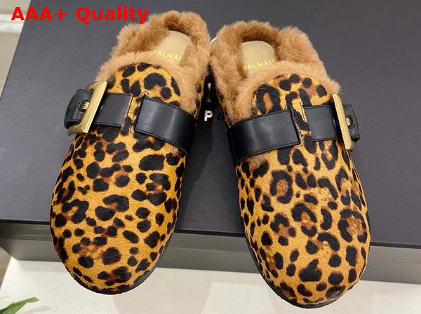 Balmain Anthem Leopard Print Ponyskin Leather and Faux Fur Mules in Brown Replica
