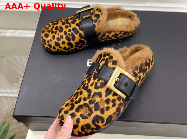 Balmain Anthem Leopard Print Ponyskin Leather and Faux Fur Mules in Brown Replica