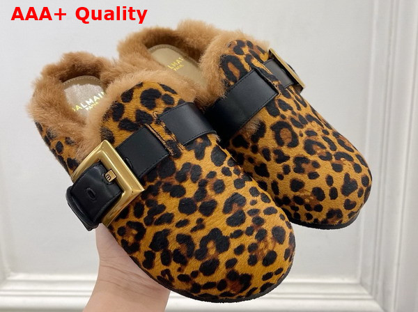 Balmain Anthem Leopard Print Ponyskin Leather and Faux Fur Mules in Brown Replica