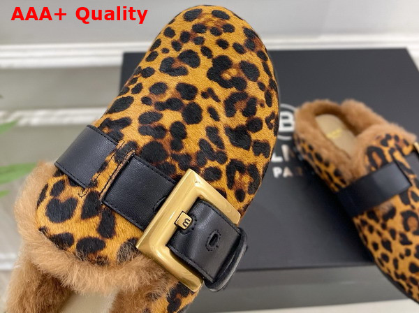 Balmain Anthem Leopard Print Ponyskin Leather and Faux Fur Mules in Brown Replica