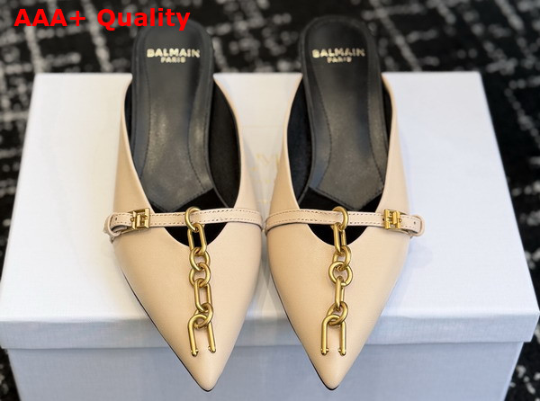 Balmain Sync Leather Mules with Pointed Toe in Beige Replica