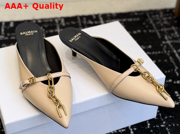 Balmain Sync Leather Mules with Pointed Toe in Beige Replica