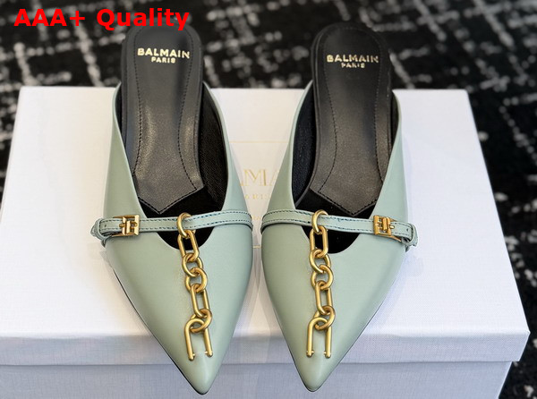 Balmain Sync Leather Mules with Pointed Toe in Green Replica