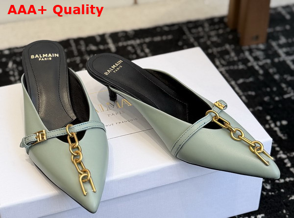 Balmain Sync Leather Mules with Pointed Toe in Green Replica