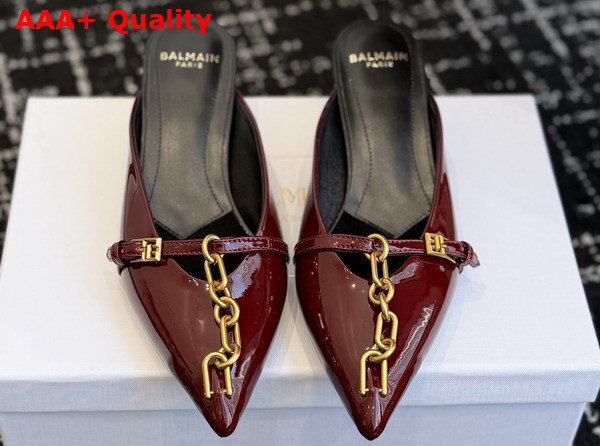 Balmain Sync Patent Leather Mules with Pointed Toe in Burgundy Replica