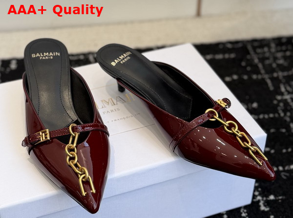 Balmain Sync Patent Leather Mules with Pointed Toe in Burgundy Replica