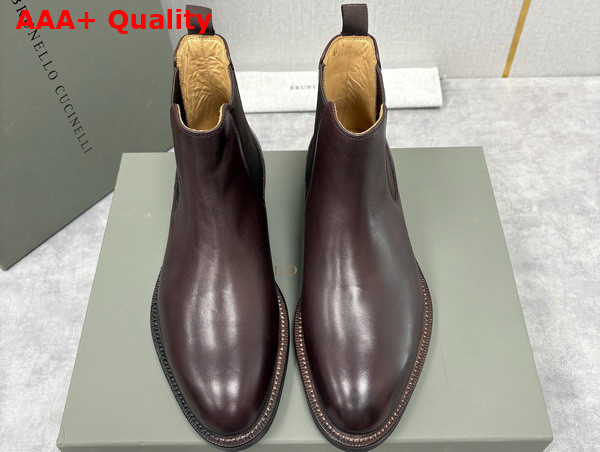 Brunello Cucinelli Calfskin Chelsea Boots in Dark Amber Smoke Replica