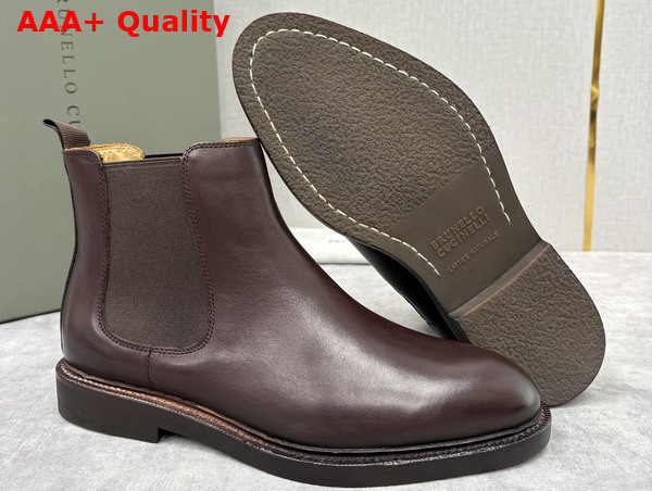 Brunello Cucinelli Calfskin Chelsea Boots in Dark Amber Smoke Replica