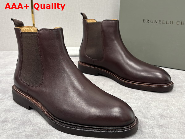 Brunello Cucinelli Calfskin Chelsea Boots in Dark Amber Smoke Replica