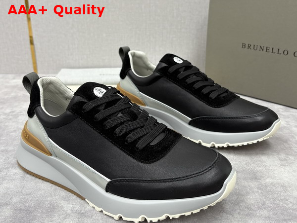 Brunello Cucinelli Calfskin and Suede Runners in Black Replica
