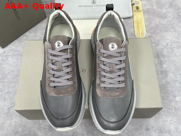 Brunello Cucinelli Calfskin and Suede Runners in Grey Replica