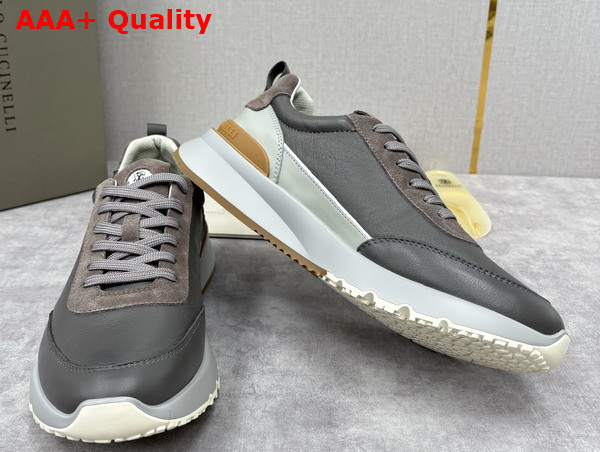 Brunello Cucinelli Calfskin and Suede Runners in Grey Replica