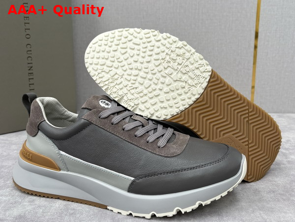Brunello Cucinelli Calfskin and Suede Runners in Grey Replica