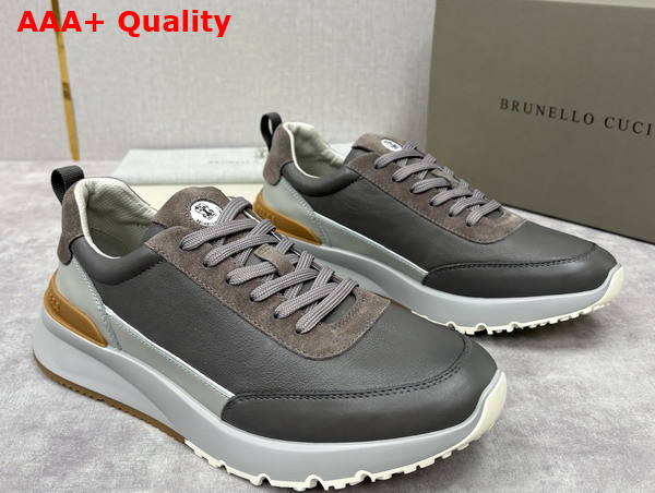 Brunello Cucinelli Calfskin and Suede Runners in Grey Replica